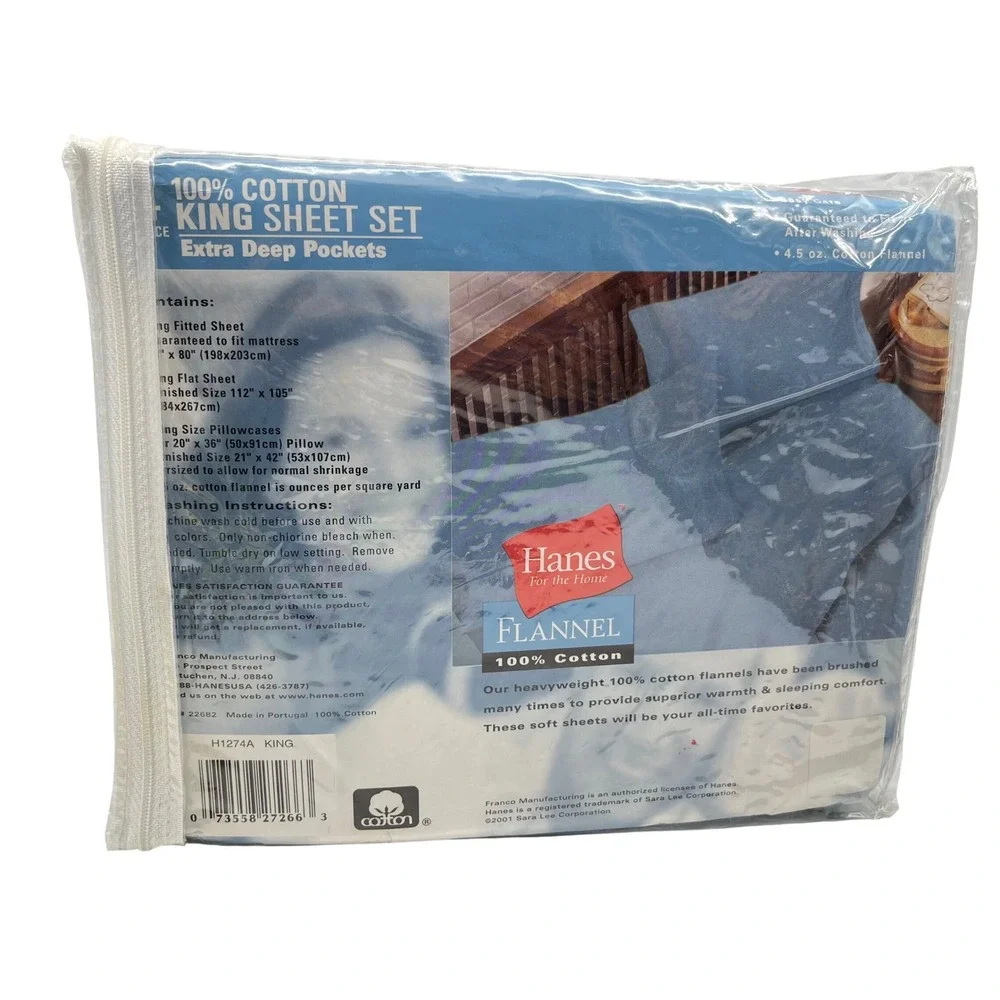 Hanes 2001 King Sheet Set 100% Cotton Flannel Blue Extra Deep Pockets NEW